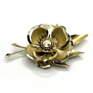 Frosted‎ And Shiny Gold Tone Aurora Borealis Rhinestone Large Flower Brooch Pin